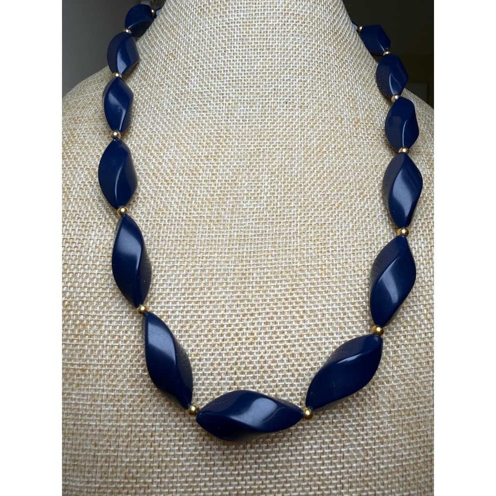 Vintage 1980s Navy Blue Twisted Bead Gold Tone Necklace from Trifari
